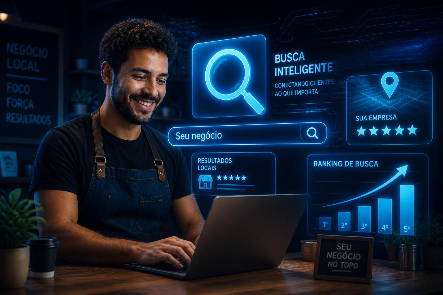 Empresário sorrindo em frente ao notebook cercado por elementos holográficos azuis de busca no Google, ranking e avaliações