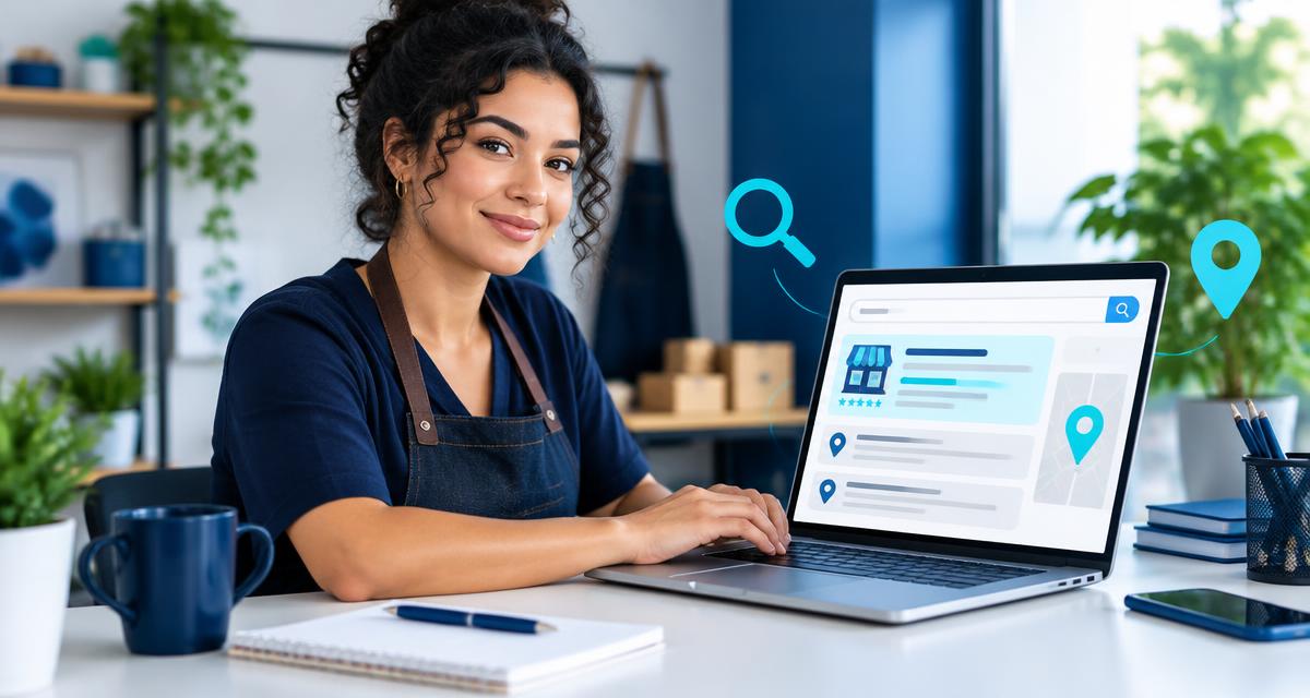 Empresária usando um notebook com resultados de busca e mapa, acompanhada de símbolos de pesquisa e localização